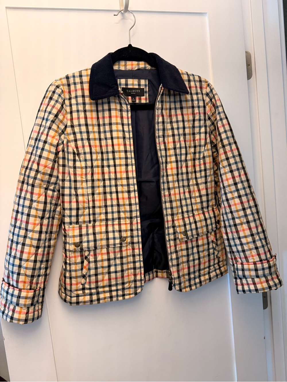 Talbots Multicolor Plaid Quilted Jacket with Navy Collar